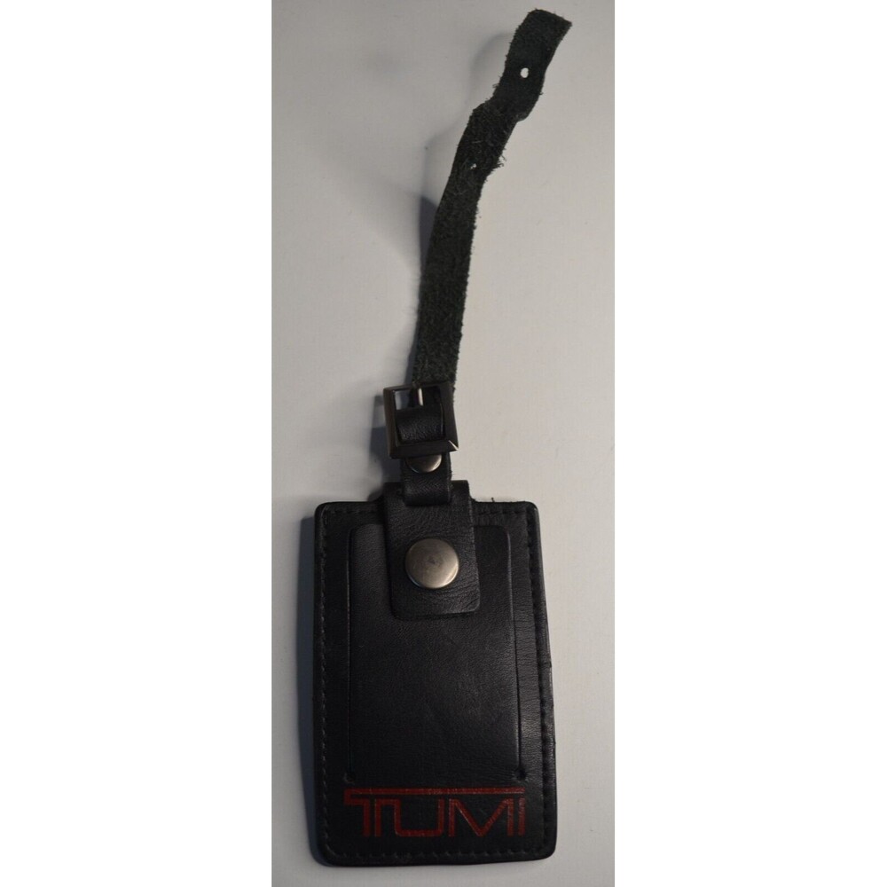 Tumi Vintage Black Leather Luggage Tag Briefcase ID Snaps Closed Buckles On